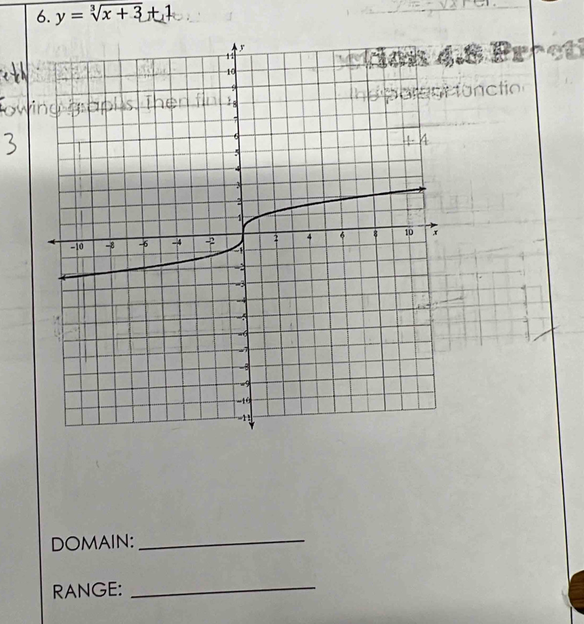 y = √x + 3 + 1
DOMAIN:_ 
RANGE: 
_