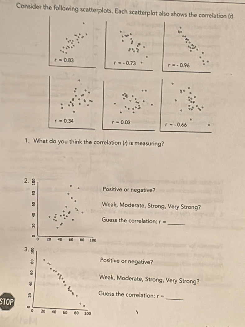 Consider the following scatterplots. Each scatterplot also shows the correlation (r).
r=0.83
r=-0.73 r=-0.96
r=0.34
r=0.03
r=-0.66
1. What do you think the correlation (r) is measuring?
2. 8

Positive or negative?
8
Weak, Moderate, Strong, Very Strong? 

_ 
Guess the correlation: r=
0 20 40 60 80 100
3. g
Positive or negative?
8 Weak, Moderate, Strong, Very Strong? 

Guess the correlation: r=
STOP
_
20 40 60 80 100