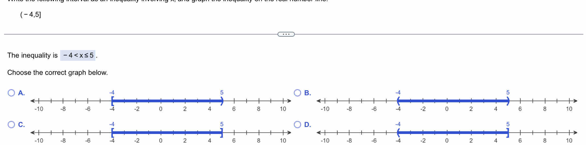 (-4,5]
The inequality is -4 . 
Choose the correct graph below.
-2 0 2 4 6 2 4