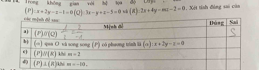 Trong không gian với hệ tọa độ Oxyz ，
(P):x+2y-z-1=0(Q):3x-y+z-5=0 ) (R):2x+4y-mz-2=0. Xét tính đúng sai của
vị