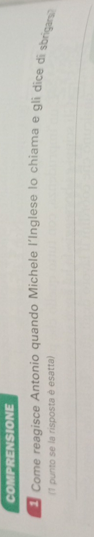 COMPRENSIONE 
Come reagisce Antonio quando Michele l'Inglese lo chiama e glí dice di sbrigarsi 
(1 punto se la risposta è esatta) 
_