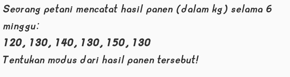 Seorang petani mencatat hasil panen (dalam kg) selama 6
minggu:
120, 130, 140, 130, 150, 130
Tentukan modus dari hasil panen tersebut!