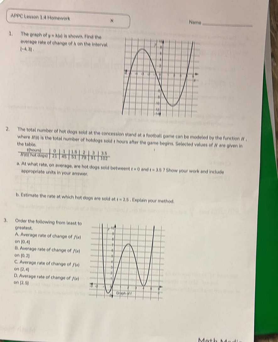 APPC Lesson 1.4 Homework ×
Name_
1. The graph of y=h(e) is shown. Find the
average rate of change of à on the interval
(-4,3), 
2. The total number of hot dogs sold at the concession stand at a football game can be modeled by the function f.
where n(t) n is the total number of hotdogs sold z hours after the game begins. Selected values of # are given in
the table.
(hours) 0 1.5 3 3.5
# (i)( hot dogs) 21 45 51 79 91 102
a. At what rate, on average, are hot dogs sold betweent t=0 and t=3.5 ? Show your work and include
appropriate units in your answer.
b. Estimate the rate at which hot dogs are sold at t=2.5. Explain your method.
3. Order the following from least to
greatest. 
A. Average rate of change of f(x)
on (0,4)
B. Average rate of change of f(x)
on [0,2]
C. Average rate of change of f(x)
on (2,4)
D. Average rate of change of f(x)
on (2,5)