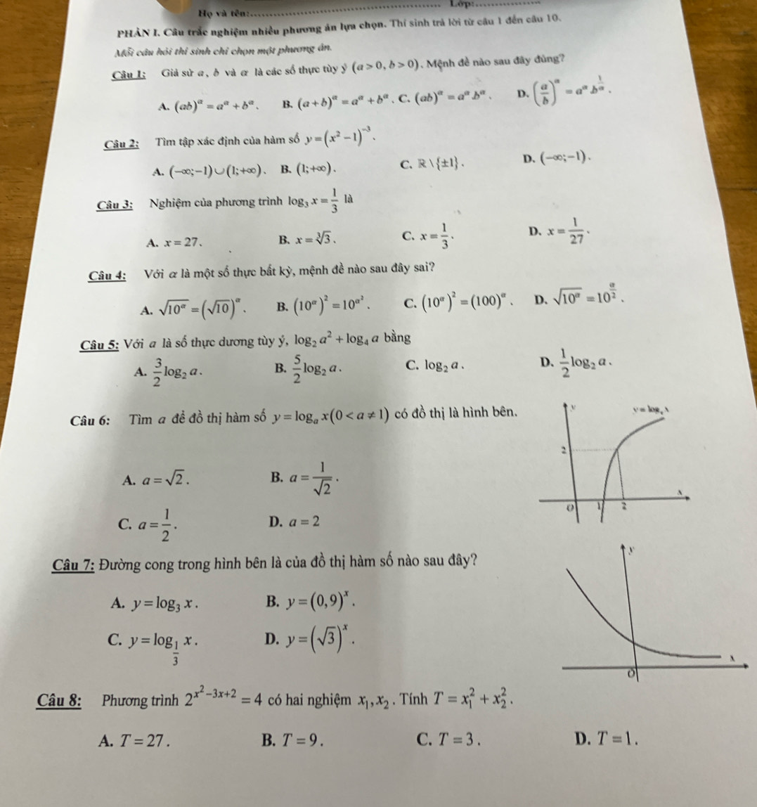 Lớp:_
Họ và tên:
PHẢN I. Câu trắc nghiệm nhiều phương án lựa chọn. Thí sinh trả lời từ câu 1 đến câu 10.
Mỗi câu hỏi thi sinh chỉ chọn một phương án.
Câu L: Giả sử a, b và ơ là các số thực tùy y(a>0,b>0). Mệnh đề nào sau đây đủng?
A. (ab)^a=a^a+b^a. B. (a+b)^alpha =a^(alpha)+b^(alpha). C. (ab)^alpha =a^(alpha)b^(alpha). D. ( a/b )^a=a^ab^(frac 1)a.
Câu 2: Tìm tập xác định của hàm số y=(x^2-1)^-3.
A. (-∈fty ;-1)∪ (1;+∈fty ). B. (1;+∈fty ). C. R∪  ± 1 . D. (-∈fty ;-1).
Câu 3: Nghiệm của phương trình log _3x= 1/3 la
A. x=27. B. x=sqrt[3](3). C. x= 1/3 . D. x= 1/27 .
Câu 4: Với & là một số thực bất kỳ, mệnh đề nào sau đây sai?
A. sqrt(10^(alpha))=(sqrt(10))^alpha . B. (10^(alpha))^2=10^(alpha ^2). C. (10^(alpha))^2=(100)^alpha . D. sqrt(10^a)=10^(frac a)2.
Câu 5: Với a là số thực dương tùy ý, log _2a^2+log _4a bằng
A.  3/2 log _2a. B.  5/2 log _2a. C. log _2a. D.  1/2 log _2a.
Câu 6: Tìm a đề đồ thị hàm số y=log _ax(0 có đồ thị là hình bên.
A. a=sqrt(2). B. a= 1/sqrt(2) .
C. a= 1/2 .
D. a=2
Câu 7: Đường cong trong hình bên là của đồ thị hàm số nào sau đây?
A. y=log _3x. B. y=(0,9)^x.
C. y=log _ 1/3 x.
D. y=(sqrt(3))^x.
Câu 8: Phương trình 2^(x^2)-3x+2=4 có hai nghiệm x_1,x_2. Tính T=x_1^2+x_2^2.
A. T=27. B. T=9. C. T=3. D. T=1.