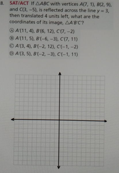 SAT/ACT If △ ABC with vertices A(7,1), B(2,9), 
and C(3,-5) , is reflected across the line y=3, 
then translated 4 units left, what are the
coordinates of its image, △ A'B'C ?
A A'(11,4), B'(6,12), C'(7,-2)

A'(11,5), B'(-6,-3), C'(7,11)
A'(3,4), B'(-2,12), C'(-1,-2)
A'(3,5), B'(-2,-3), C'(-1,11)