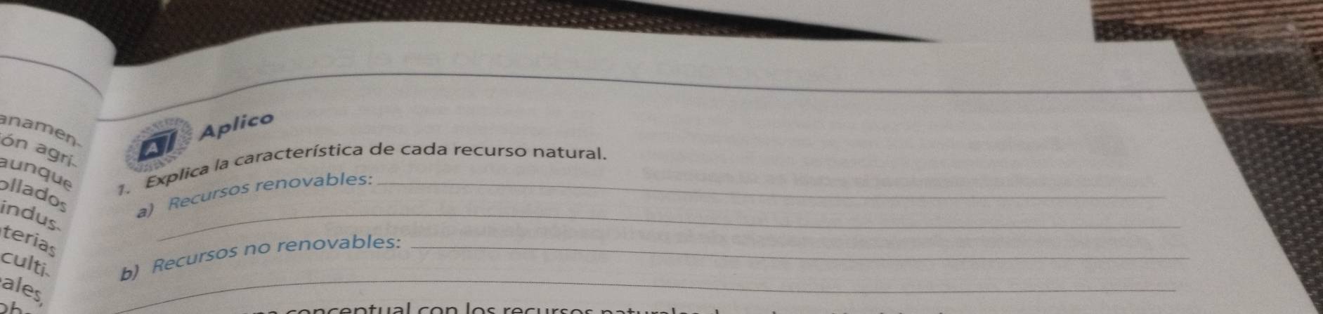 anamen. 
al Aplico 
ón agri. 
1. Explica la característica de cada recurso natural. 
aunque ollados 
indus 
_ 
a) Recursos renovables: 
terias 
_ 
culti. b) Recursos no renovables:_ 
ales