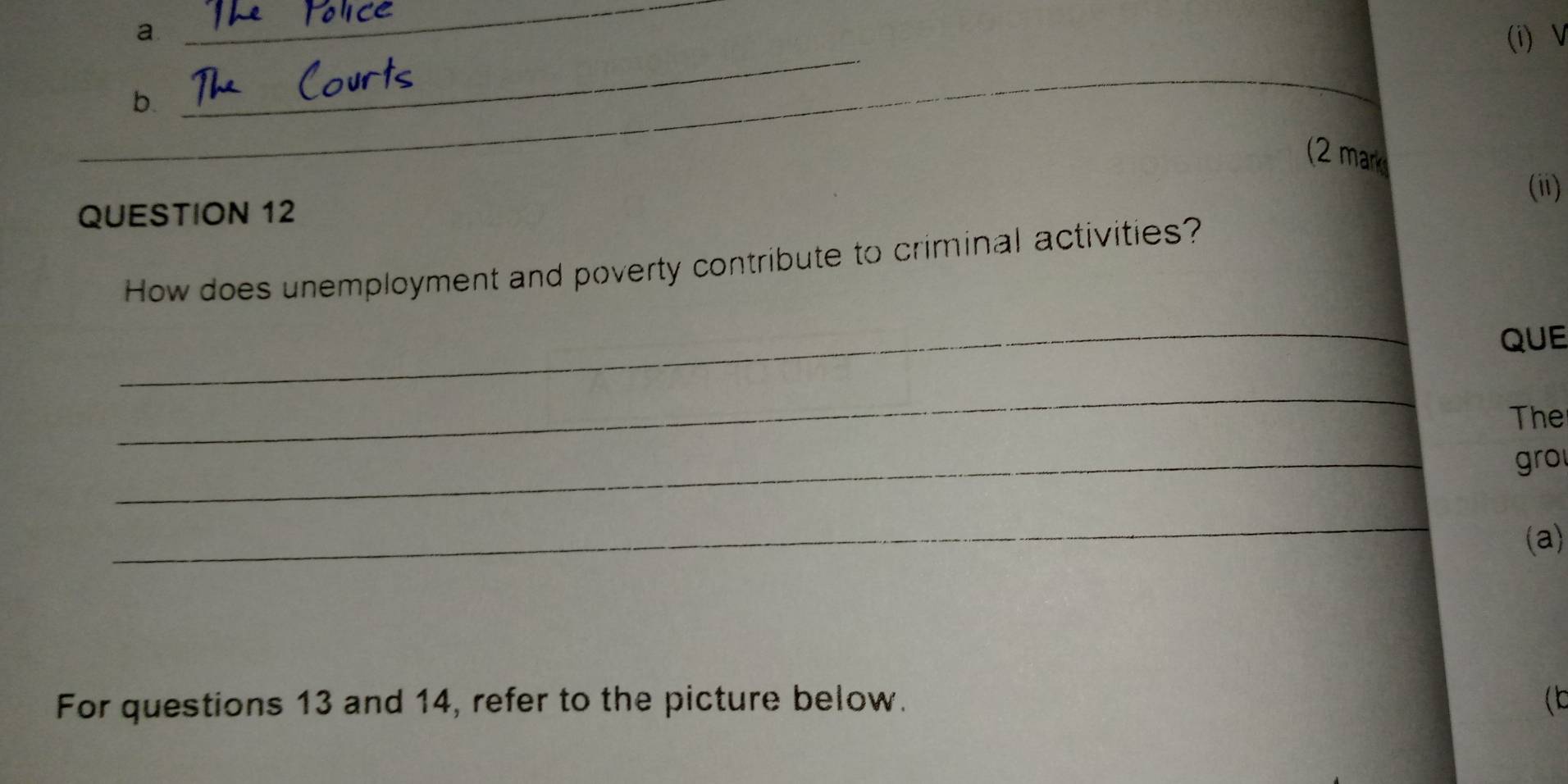 a 
_ 
(i) V 
b. 
_ 
_ 
_ 
_ 
(2 mark 
(ii) 
QUESTION 12 
How does unemployment and poverty contribute to criminal activities? 
_ 
QUE 
_ 
The 
_ 
gro 
_ 
(a) 
For questions 13 and 14, refer to the picture below. (