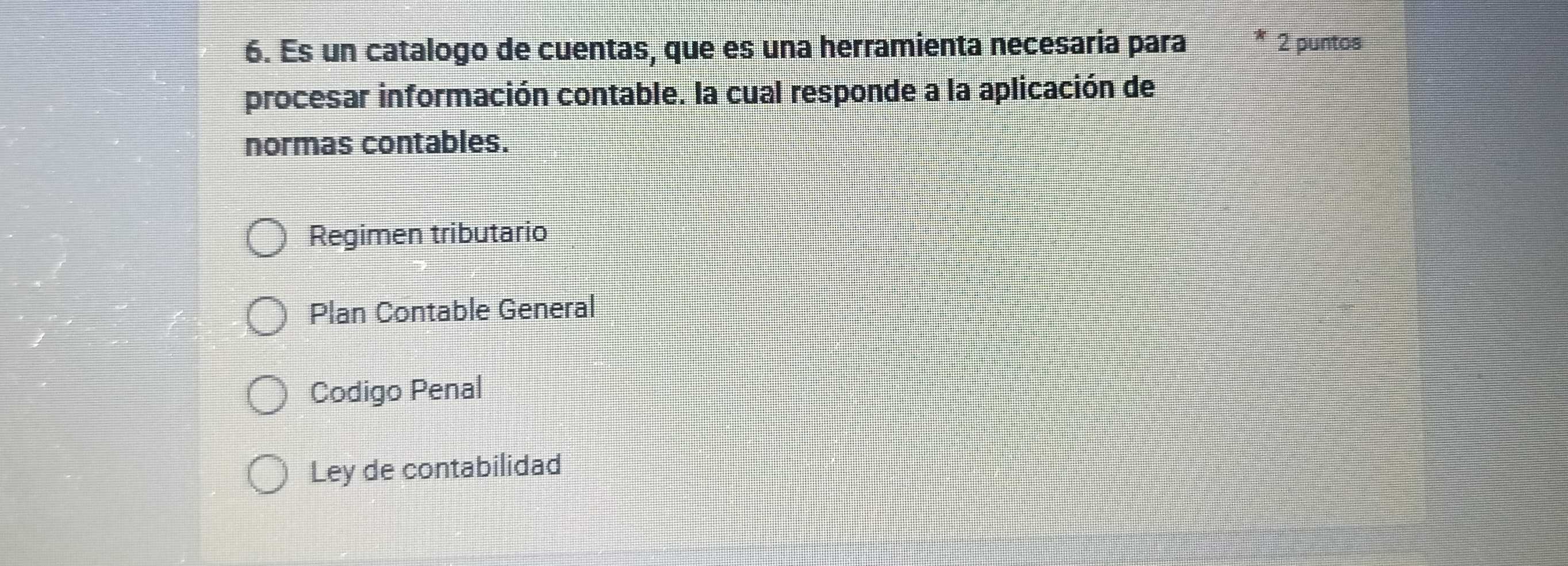 Es un catalogo de cuentas, que es una herramienta necesaria para 2 puntos
procesar información contable. la cual responde a la aplicación de
normas contables.
Regimen tributario
Plan Contable General
Codigo Penal
Ley de contabilidad