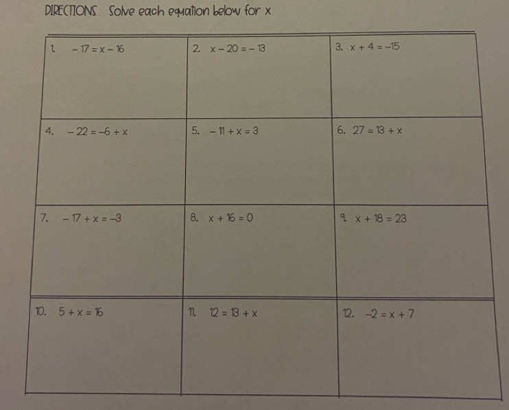 DIRECTIONS: Solve each equation below for x