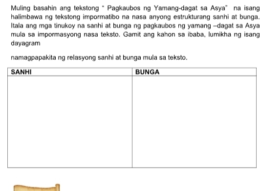 Muling basahin ang tekstong “ Pagkaubos ng Yamang-dagat sa Asya” na isang 
halimbawa ng tekstong impormatibo na nasa anyong estrukturang sanhi at bunga. 
Itala ang mga tinukoy na sanhi at bunga ng pagkaubos ng yamang -dagat sa Asya 
mula sa impormasyong nasa teksto. Gamit ang kahon sa ibaba, lumikha ng isang 
dayagram 
namagpapakita ng relasyong sanhi at bunga mula sa teksto.