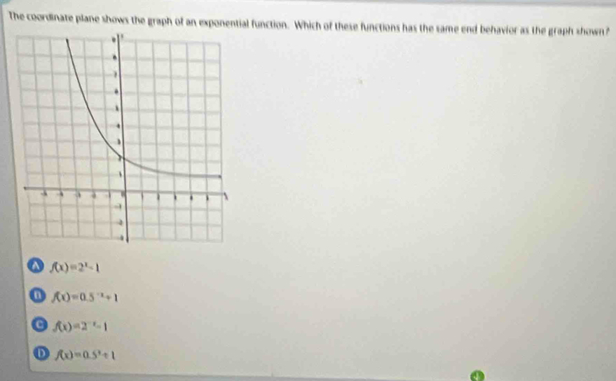 The coordinate plane shows the graph of an exponential function. Which of these functions has the same end behavior as the graph shown?
a f(x)=2^x-1
a f(x)=0.5^(-x)+1
f(x)=2^(-x)-1
D f(x)=0.5^x+1