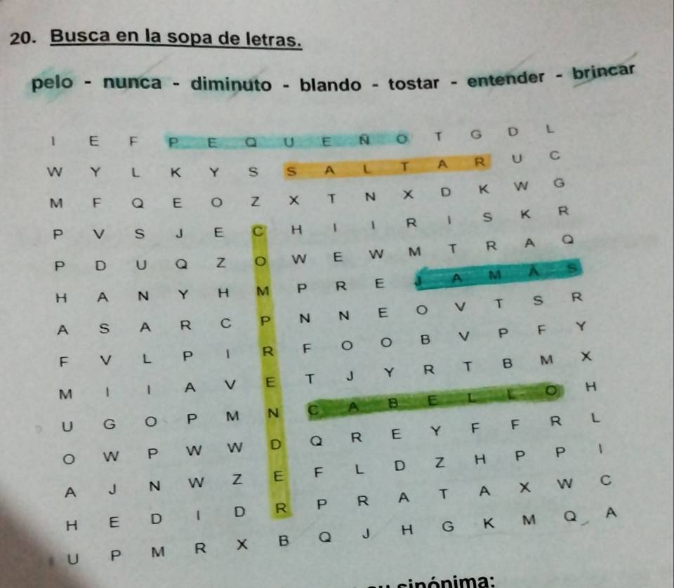 Busca en la sopa de letras. 
pelo - nunca - diminuto - blando - tostar - entender - brincar 
sinónima: