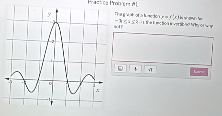 Practice Problem #1 
he graph of a function y=f(x) is shown for
-3≤ x≤ 3. Is the function invertible? Why or why 
not? 
“ sqrt(± ) Submit