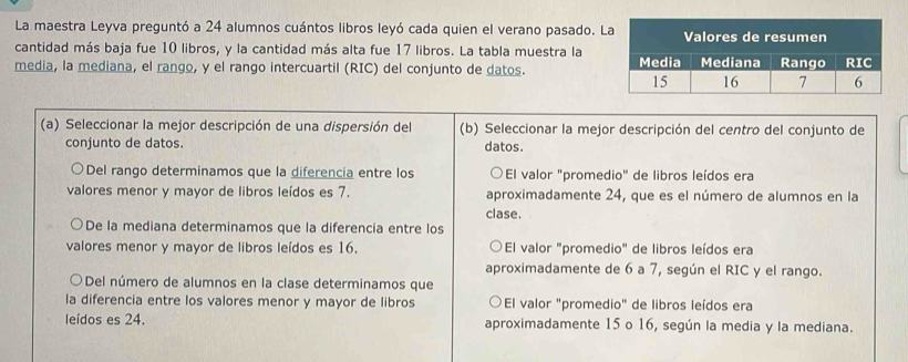 La maestra Leyva preguntó a 24 alumnos cuántos libros leyó cada quien el verano pasado. L
cantidad más baja fue 10 libros, y la cantidad más alta fue 17 libros. La tabla muestra la
media, la mediana, el rango, y el rango intercuartil (RIC) del conjunto de datos. 
(a) Seleccionar la mejor descripción de una dispersión del (b) Seleccionar la mejor descripción del centro del conjunto de
conjunto de datos. datos.
Del rango determinamos que la diferencia entre los El valor "promedio" de libros leídos era
valores menor y mayor de libros leídos es 7. aproximadamente 24, que es el número de alumnos en la
clase.
De la mediana determinamos que la diferencia entre los
valores menor y mayor de libros leídos es 16. El valor "promedio" de libros leídos era
aproximadamente de 6 a 7, según el RIC y el rango.
*Del número de alumnos en la clase determinamos que
la diferencia entre los valores menor y mayor de libros El valor "promedio" de libros leídos era
leídos es 24. aproximadamente 15 o 16, según la media y la mediana.