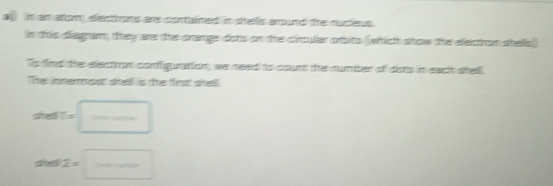 in an atom) electrons are contained in shells around the ruceus . 
in this diagam) they are the orange dots on the crcular otits (which show the election shells). 
To find the election configuration, we need to count the number of dots in each shell. 
The imerost shell is the first shell.
2^(t=□ ^circ)
arel2=□