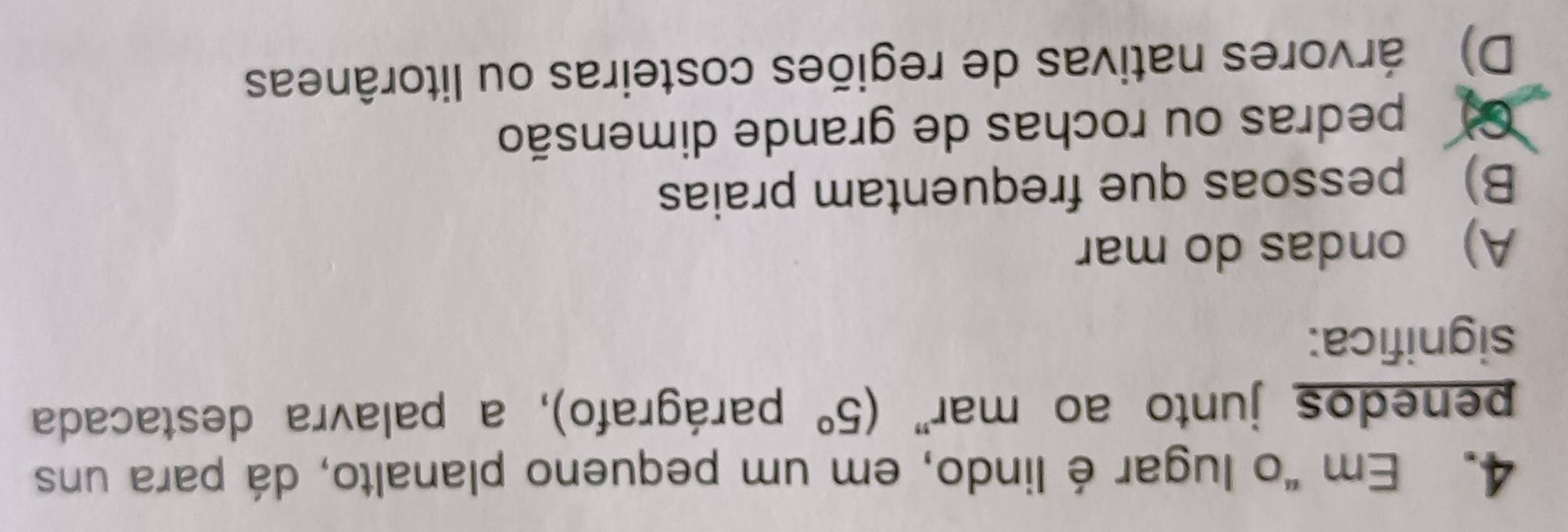 Em "o lugar é lindo, em um pequeno planalto, dá para uns
penedos junto ao mar” (5° parágrafo), a palavra destacada
significa:
A) ondas do mar
B) pessoas que frequentam praias
O pedras ou rochas de grande dimensão
D) árvores nativas de regiões costeiras ou litorâneas