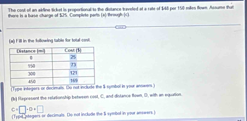 The cost of an airline ticket is proportional to the distance traveled at a rate of $48 per 150 miles flown. Assume that 
there is a base charge of $25. Complete parts (a) through (c) 
(a) Fill in the following table for total cost. 
(Type integers or decimals. Do not i $ symbol in your answers.) 
(b) Represent the relationship between cost, C, and distance flown, D, with an equation.
C=□ · D+□
(Type integers or decimals. Do not include the $ symbol in your answers.)