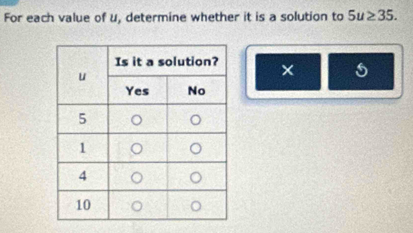 For each value of u, determine whether it is a solution to 5u≥ 35.
s