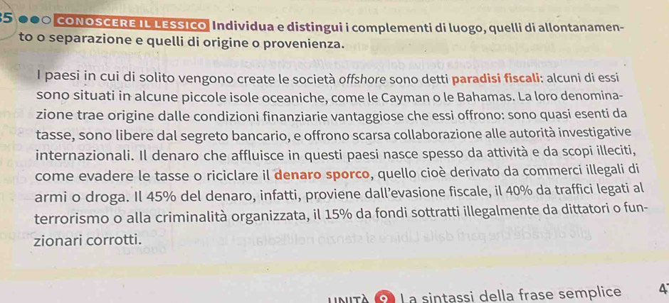 35 000 coNOSCERE IL LESSIco Individua e distingui i complementi di luogo, quelli di allontanamen- 
to o separazione e quelli di origine o provenienza. 
I paesi in cui di solito vengono create le società offshore sono detti paradisi fiscali: alcuni di essi 
sono situati in alcune piccole isole oceaniche, come le Cayman o le Bahamas. La loro denomina- 
zione trae origine dalle condizioni finanziarie vantaggiose che essi offrono: sono quasi esenti da 
tasse, sono libere dal segreto bancario, e offrono scarsa collaborazione alle autorità investigative 
internazionali. Il denaro che affluisce in questi paesi nasce spesso da attività e da scopi illeciti, 
come evadere le tasse o riciclare il denaro sporco, quello cioè derivato da commerci illegali di 
armi o droga. Il 45% del denaro, infatti, proviene dall’evasione fiscale, il 40% da traffici legati al 
terrorismo o alla criminalità organizzata, il 15% da fondi sottratti illegalmente da dittatori o fun- 
zionari corrotti. 
Intà La sintassi della frase semplice 4