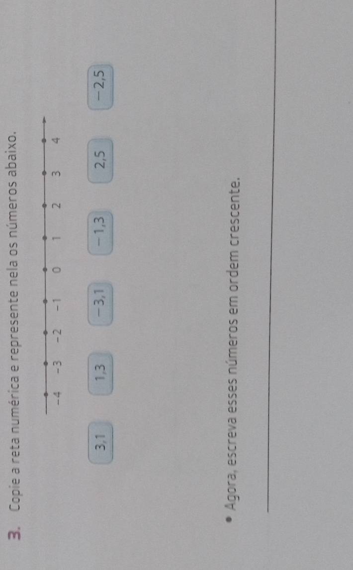 Copie a reta numérica e represente nela os números abaixo.
3, 1 1, 3 -3, 1 -1, 3 2, 5 -2, 5
Agora, escreva esses números em ordem crescente. 
_