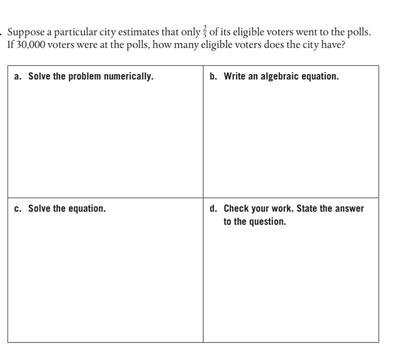 Suppose a particular city estimates that only  2/5  of its eligible voters went to the polls.
If 30,000 voters were at the polls, how many eligible voters does the city have?
a
c