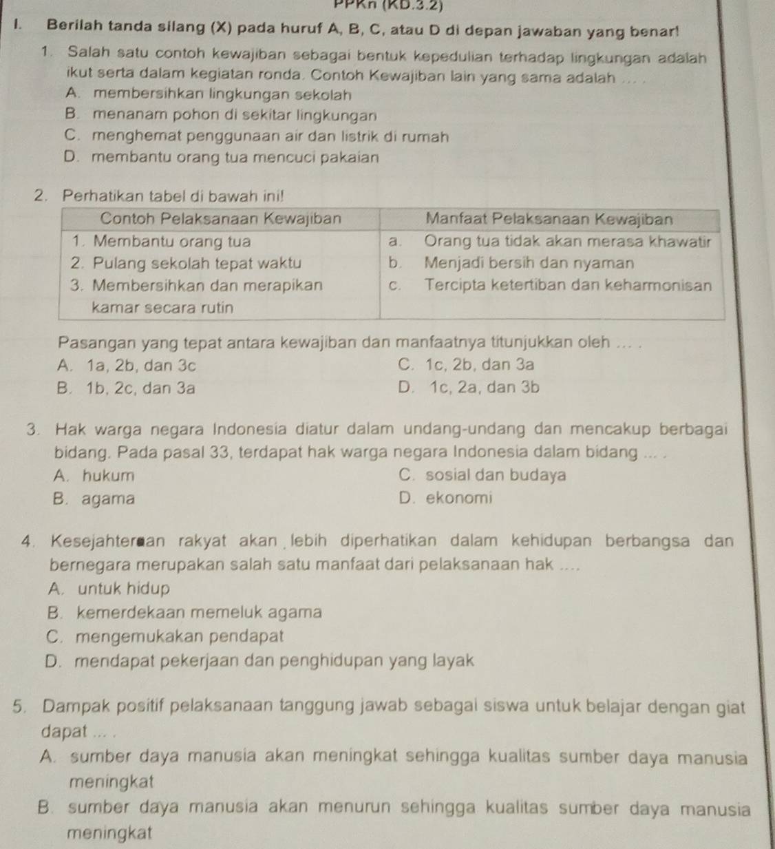 PPRh (RB.3.2)
I. Berilah tanda silang (X) pada huruf A, B, C, atau D di depan jawaban yang benar!
1. Salah satu contoh kewajiban sebagai bentuk kepedulian terhadap lingkungan adalah
ikut serta dalam kegiatan ronda. Contoh Kewajiban lain yang sama adalah ... .
A. membersihkan lingkungan sekolah
B. menanam pohon di sekitar lingkungan
C. menghemat penggunaan air dan listrik di rumah
D. membantu orang tua mencuci pakaian
2. Perhatikan tabel di bawah ini!
Pasangan yang tepat antara kewajiban dan manfaatnya titunjukkan oleh ... .
A. 1a, 2b, dan 3c C. 1c, 2b, dan 3a
B. 1b, 2c, dan 3a D. 1c, 2a, dan 3b
3. Hak warga negara Indonesia diatur dalam undang-undang dan mencakup berbagai
bidang. Pada pasal 33, terdapat hak warga negara Indonesia dalam bidang ... .
A. hukum C. sosial dan budaya
B. agama D. ekonomi
4. Kesejähter an rakyat akan lebih diperhatikan dalam kehidupan berbangsa dan
bernegara merupakan salah satu manfaat dari pelaksanaan hak ....
A. untuk hidup
B. kemerdekaan memeluk agama
C. mengemukakan pendapat
D. mendapat pekerjaan dan penghidupan yang layak
5. Dampak positif pelaksanaan tanggung jawab sebagal siswa untuk belajar dengan giat
dapat ... .
A. sumber daya manusia akan meningkat sehingga kualitas sumber daya manusia
meningkat
B. sumber daya manusia akan menurun sehingga kualitas sumber daya manusia
meningkat