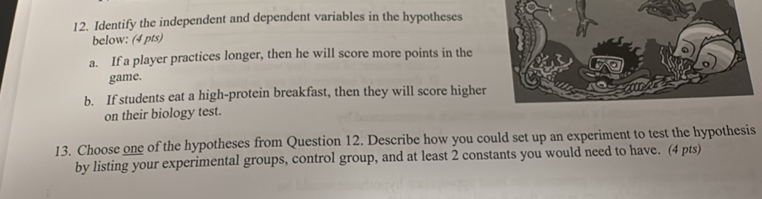 Identify the independent and dependent variables in the hypotheses 
below: (4 pts) 
a. If a player practices longer, then he will score more points in the 
game. 
b. If students eat a high-protein breakfast, then they will score higher 
on their biology test. 
13. Choose one of the hypotheses from Question 12. Describe how you could set up an experiment to test the hypothesis 
by listing your experimental groups, control group, and at least 2 constants you would need to have. (4 pts)