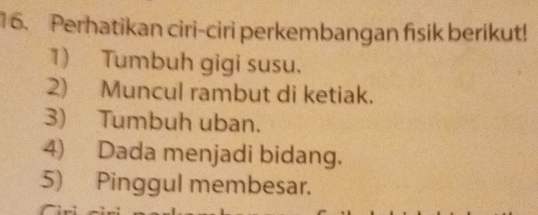 Perhatikan ciri-ciri perkembangan fisik berikut! 
1) Tumbuh gigi susu. 
2) Muncul rambut di ketiak. 
3) Tumbuh uban. 
4) Dada menjadi bidang. 
5) Pinggul membesar.