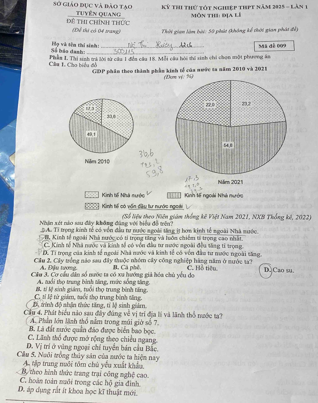 Sở giáo dục và đào tạo  Kỳ thI thử tÓt nghiệp thPt năm 2025 - làn 1
tuyÊn quang môn thi: địa lí
ĐÊ THI CHÍNH THỨC
(Đề thi có 04 trang)  Thời gian làm bài: 50 phút (không kể thời gian phát đề)
Họ và tên thí sinh:_
Mã đề 009
Số báo danh:_
_
Phần I. Thí sinh trả lời từ câu 1 đến câu 18. Mỗi câu hỏi thí sinh chỉ chọn một phương án
Câu 1. Cho biểu đồ
GDP phân theo thành phần kinh tế của nước ta năm 2010 và 2021
(Đơn vị: %)
17,3 -
33,6
49,1
Năm 2010
Năm 2021
Kinh tế Nhà nước ||| Kinh tế ngoài Nhà nước
Kinh tế có vốn đầu tư nước ngoài
(Số liệu theo Niên giám thống kê Việt Nam 2021, NXB Thống kê, 2022)
Nhận xét nào sau đây không đúng với biểu đồ trên?
DA. Tỉ trọng kinh tế có vốn đầu tư nước ngoài tăng ít hơn kinh tế ngoài Nhà nước.
B. Kinh tế ngoài Nhà nước có tỉ trọng tăng và luôn chiếm tỉ trọng cao nhất.
C. Kinh tế Nhà nước và kinh tế có vốn đầu tư nước ngoài đều tăng tỉ trọng.
D. Tỉ trọng của kinh tế ngoài Nhà nước và kinh tế có vốn đầu tư nước ngoài tăng.
Câu 2. Cây trồng nào sau đây thuộc nhóm cây công nghiệp hàng năm ở nước ta?
A. Đậu tương. B. Cà phê. C. Hồ tiêu. D. Cao su.
Câu 3. Cơ cấu dân số nước ta có xu hướng già hóa chủ yếu do
A. tuổi thọ trung bình tăng, mức sống tăng.
B. tỉ lệ sinh giảm, tuổi thọ trung bình tăng.
C. tỉ lệ tử giảm, tuổi thọ trung bình tăng.
D. trình độ nhận thức tăng, tỉ lệ sinh giảm.
Câu 4. Phát biểu nào sau đây đúng về vị trí địa lí và lãnh thổ nước ta?
A. Phần lớn lãnh thổ nằm trong múi giờ số 7.
B. Là đất nước quần đảo được biển bao bọc.
C. Lãnh thổ được mở rộng theo chiều ngang.
D. Vị trí ở vùng ngoại chí tuyển bán cầu Bắc.
Câu 5. Nuôi trồng thủy sản của nước ta hiện nay
A. tập trung nuôi tôm chủ yếu xuất khẩu.
B. theo hình thức trang trại công nghệ cao.
C. hoàn toàn nuôi trong các hộ gia đình.
D. áp dụng rất ít khoa học kĩ thuật mới.