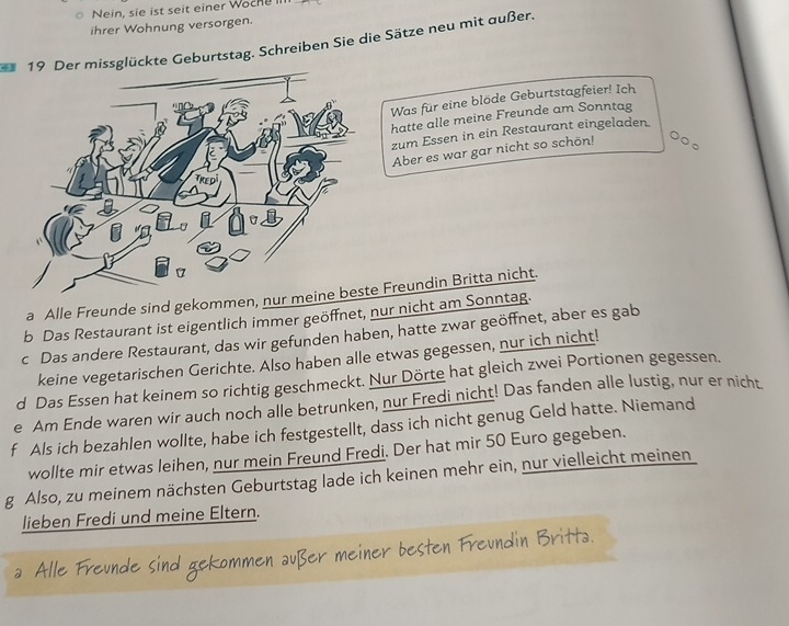 Nein, sie ist seit einer Woche
ihrer Wohnung versorgen.
19 Der missglückte Geburtstag. Schreiben Sie die Sätze neu mit außer.
Was für eine blöde Geburtstagfeier! Ich
hatte alle meine Freunde am Sonntag
zum Essen in ein Restaurant eingeladen.
Aber es war gar nicht so schön!
a Alle Freunde sind gekommen, nur e Freundin Britta nicht.
b Das Restaurant ist eigentlich immer geöffnet, nur nicht am Sonntag.
c Das andere Restaurant, das wir gefunden haben, hatte zwar geöffnet, aber es gab
keine vegetarischen Gerichte. Also haben alle etwas gegessen, nur ich nicht!
d Das Essen hat keinem so richtig geschmeckt. Nur Dörte hat gleich zwei Portionen gegessen.
e Am Ende waren wir auch noch alle betrunken, nur Fredi nicht! Das fanden alle lustig, nur er nicht
f Als ich bezahlen wollte, habe ich festgestellt, dass ich nicht genug Geld hatte. Niemand
wollte mir etwas leihen, nur mein Freund Fredi. Der hat mir 50 Euro gegeben.
g Also, zu meinem nächsten Geburtstag lade ich keinen mehr ein, nur vielleicht meinen
lieben Fredi und meine Eltern.