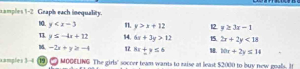xamples 1-2 Graph each inequality. 
10. y 11. y>x+12 12. y≥ 3x-1
13. y≤ -4x+12 14. 6x+3y>12 15. 2x+2y<18</tex> 
16. -2x+y≥ -4 1 8x+y≤ 6 18. 10x+2y≤ 14
xamples 3-4 ⑲ MODELING The girls' soccer team wants to raise at least $2000 to buy new goals. If