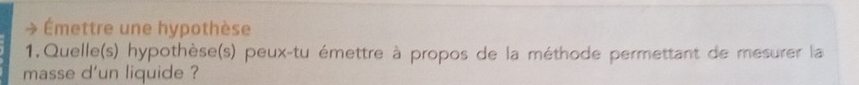 Émettre une hypothèse 
1.Quelle(s) hypothèse(s) peux-tu émettre à propos de la méthode permettant de mesurer la 
masse d'un liquide ?