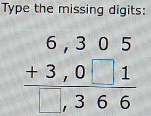 Type the missing digits:
beginarrayr 6,305 +3,0□ 1 hline □ ,366endarray