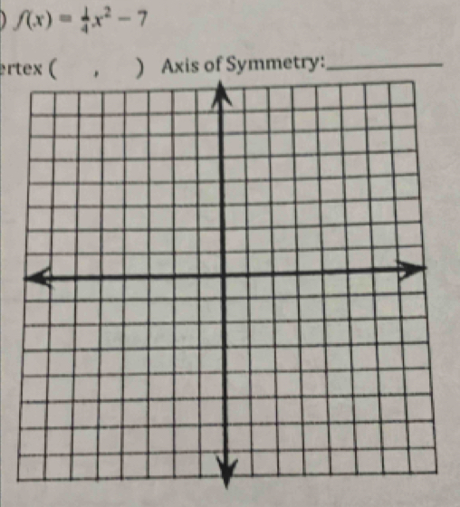 f(x)= 1/4 x^2-7
ertex ( , ) Axis of Symmetry:_