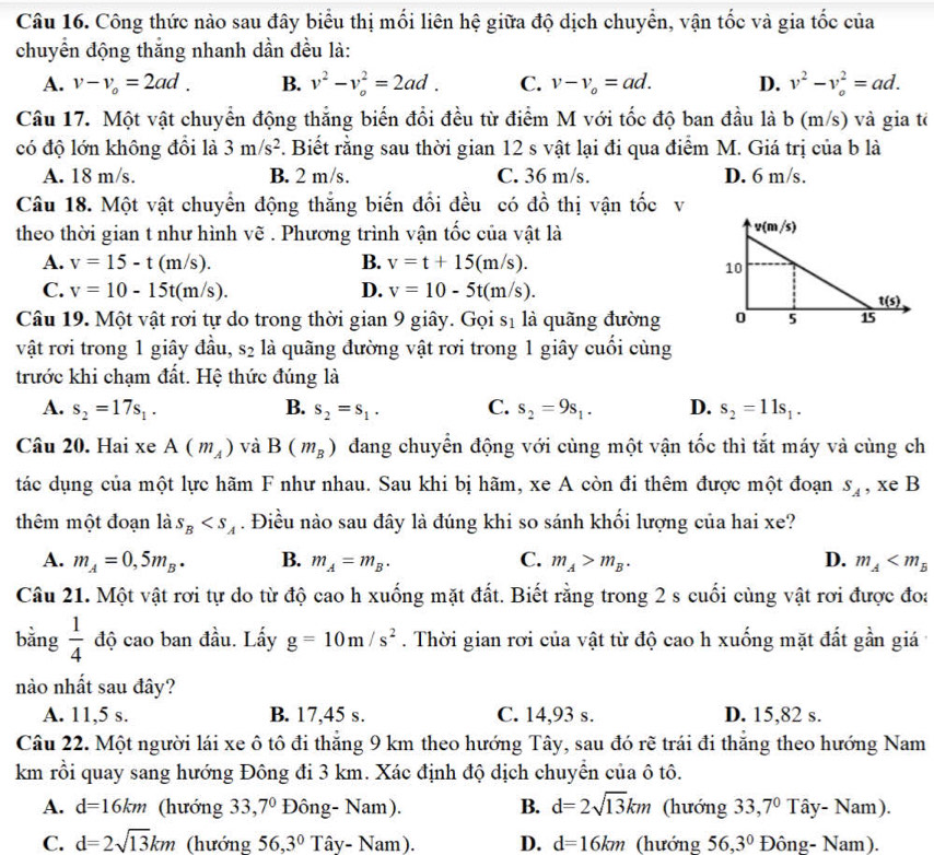 Công thức nào sau đây biểu thị mối liên hệ giữa độ dịch chuyển, vận tốc và gia tốc của
chuyển động thắng nhanh dần đều là:
A. v-v_o=2ad. B. v^2-v_o^(2=2ad. C. v-v_o)=ad. D. v^2-v_o^(2=ad.
Câu 17. Một vật chuyển động thắng biến đổi đều từ điểm M với tốc độ ban đầu là b (m/s) và gia từ
có độ lớn không đồi là 3m/s^2). Biết rằng sau thời gian 12 s vật lại đi qua điểm M. Giá trị của b là
A. 18 m/s. B. 2 m/s. C. 36 m/s. D. 6 m/s.
Câu 18. Một vật chuyển động thắng biến đổi đều có đồ thị vận tốc v
theo thời gian t như hình vẽ . Phương trình vận tốc của vật là
A. v=15-t(m/s). B. v=t+15(m/s).
C. v=10-15t(m/s). D. v=10-5t(m/s).
Câu 19. Một vật rơi tự do trong thời gian 9 giây. Gọi sĩ là quãng đường 
vật rơi trong 1 giây đầu, s_2 là quãng đường vật rơi trong 1 giây cuối cùng
trước khi chạm đất. Hệ thức đúng là
A. s_2=17s_1. B. s_2=s_1. C. s_2=9s_1. D. s_2=11s_1.
Câu 20. Hai xe A(m_A) và B(m_B) đang chuyển động với cùng một vận tốc thì tắt máy và cùng ch
tác dụng của một lực hãm F như nhau. Sau khi bị hãm, xe A còn đi thêm được một đoạn S_A , xe B
thêm một đoạn là s_B . Điều nào sau đây là đúng khi so sánh khối lượng của hai xe?
A. m_A=0,5m_B. B. m_A=m_B. C. m_A>m_B. D. m_A
Câu 21. Một vật rơi tự do từ độ cao h xuống mặt đất. Biết rằng trong 2 s cuối cùng vật rơi được đoa
bằng  1/4  độ cao ban đầu. Lấy g=10m/s^2. Thời gian rơi của vật từ độ cao h xuống mặt đất gần giá
nào nhất sau đây?
A. 11,5 s. B. 17,45 s. C. 14,93 s. D. 15,82 s.
Câu 22. Một người lái xe ô tô đi thắng 9 km theo hướng Tây, sau đó rẽ trái đi thắng theo hướng Nam
km rồi quay sang hướng Đông đi 3 km. Xác định độ dịch chuyển của ô tô.
B. d=2sqrt(13)km
A. d=16km (hướng 33,7° f Đông- Nam ) (hướng 33,7^0 Tây- Nam).
C. d=2sqrt(13)km (hướng 56,3^(0^ Tây- Nar n) D. d=16km (hướng 56,3^circ) Đông- Nam).