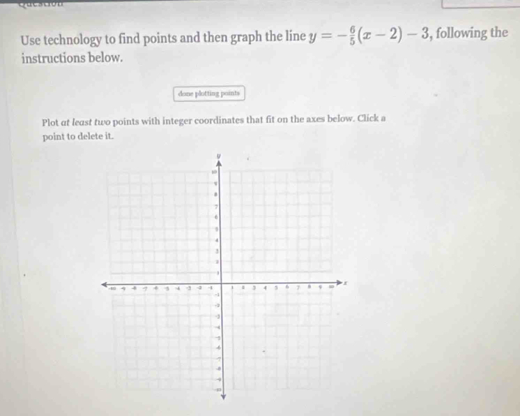 acstion 
Use technology to find points and then graph the line y=- 6/5 (x-2)-3 , following the 
instructions below. 
done plotting points 
Plot at least two points with integer coordinates that fit on the axes below. Click a 
point to delete it.