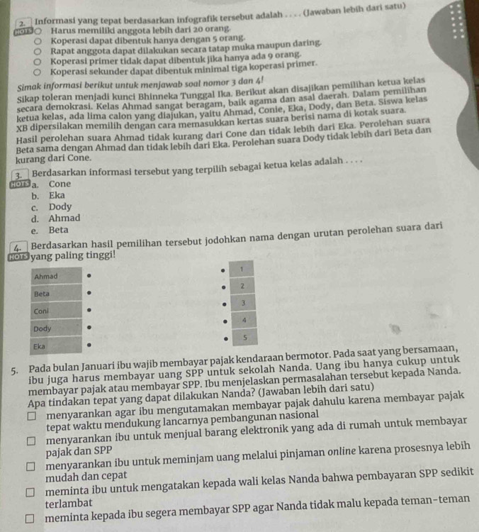 Informasi yang tepat berdasarkan infografik tersebut adalah . . . . (Jawaban lebih dari satu)
Harus memiliki anggota lebih dari 20 orang
Koperasi dapat dibentuk hanya dengan 5 orang.
Rapat anggota dapat dilakukan secara tatap muka maupun daring.
Koperasi primer tidak dapat dibentuk jika hanya ada 9 orang.
Koperasi sekunder dapat dibentuk minimal tiga koperasi primer.
Simak informasi berikut untuk menjawab soal nomor 3 dan 4!
Sikap toleran menjadi kunci Bhinneka Tunggal Ika. Berikut akan disajikan pemilihan ketua kelas
secara demokrasi. Kelas Ahmad sangat beragam, baik agama dan asal daerah. Dalam pemilihan
ketua kelas, ada lima calon yang diajukan, yaitu Ahmad, Conie, Eka, Dody, dan Beta. Siswa kelas
XB dipersilakan memilih dengan cara memasukkan kertas suara berisi nama di kotak suara.
Hasil perolehan suara Ahmad tidak kurang dari Cone dan tidak lebih dari Eka. Perolehan suara
Beta sama dengan Ahmad dan tidak lebih dari Eka. Perolehan suara Dody tidak lebih dari Beta dan
kurang dari Cone.
3.  Berdasarkan informasi tersebut yang terpilih sebagai ketua kelas adalah . . . .
HOTS a. Cone
b. Eka
c. Dody
d. Ahmad
e. Beta
4. Berdasarkan hasil pemilihan tersebut jodohkan nama dengan urutan perolehan suara dari
Hor yang paling tinggi!
1
2
3
4
5
5. Pada bulan Januari ibu wajib membayar pajak kendaraan bermotor. Pada saat yang bersamaan,
ibu juga harus membayar uang SPP untuk sekolah Nanda. Uang ibu hanya cukup untuk
membayar pajak atau membayar SPP. Ibu menjelaskan permasalahan tersebut kepada Nanda.
Apa tindakan tepat yang dapat dilakukan Nanda? (Jawaban lebih dari satu)
menyarankan agar ibu mengutamakan membayar pajak dahulu karena membayar pajak
tepat waktu mendukung lancarnya pembangunan nasional
menyarankan ibu untuk menjual barang elektronik yang ada di rumah untuk membayar
pajak dan SPP
menyarankan ibu untuk meminjam uang melalui pinjaman online karena prosesnya lebih
mudah dan cepat
meminta ibu untuk mengatakan kepada wali kelas Nanda bahwa pembayaran SPP sedikit
terlambat
meminta kepada ibu segera membayar SPP agar Nanda tidak malu kepada teman-teman