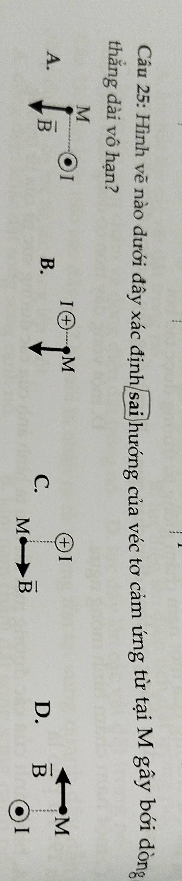 Hình vẽ nào dưới đây xác định sai hướng của véc tơ cảm ứng từ tại M gây bới dòng
thắng dài vô hạn?
M
A. overline B
1
Ioplus M
I
M
B.
C.
D. overline B
M vector B
I