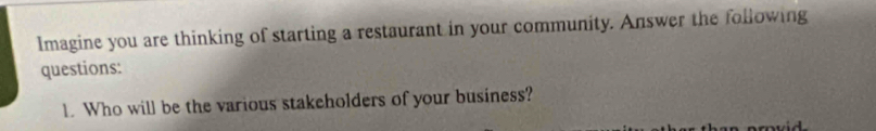 Imagine you are thinking of starting a restaurant in your community. Answer the following 
questions: 
1. Who will be the various stakeholders of your business?