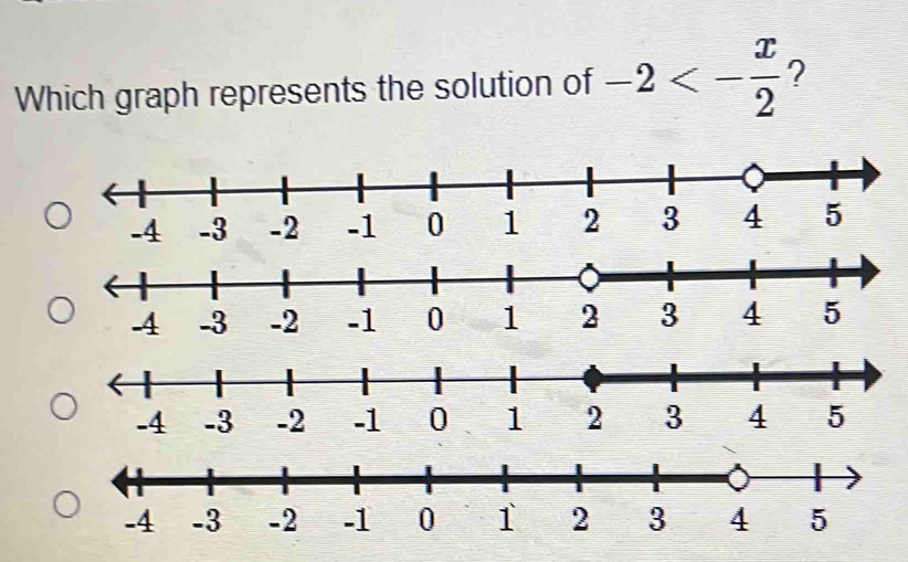 Which graph represents the solution of -2<- x/2  ?
-4 -3 -2 -1 0 1 2 3 4 5