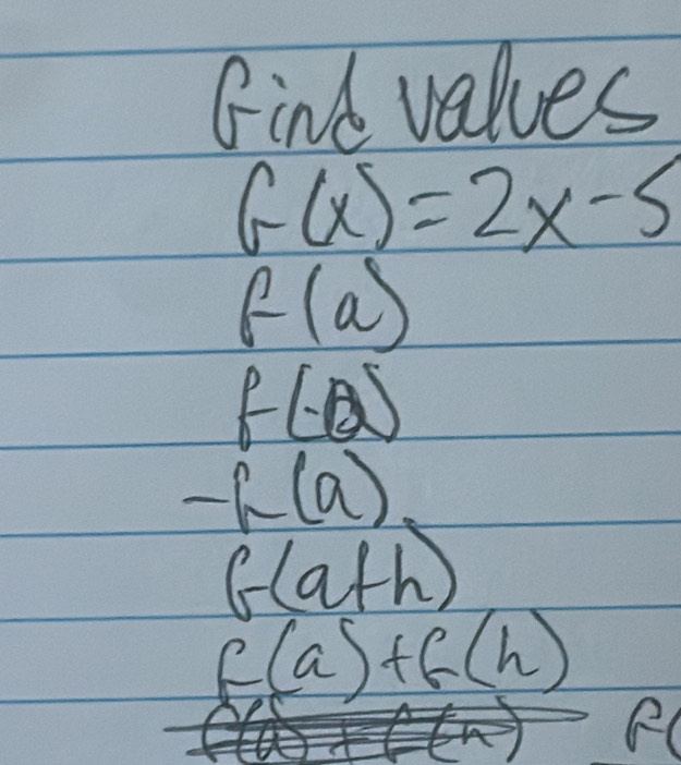 Gind values
G(x)=2x-5
f(a)
f(-a)
-h(a)
G(a+h)
f(a)+f(h)
RC