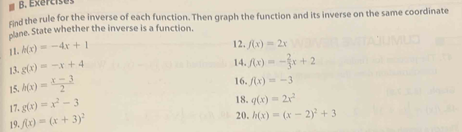 Solved: Exercises Find the rule for the inverse of each function. Then ...