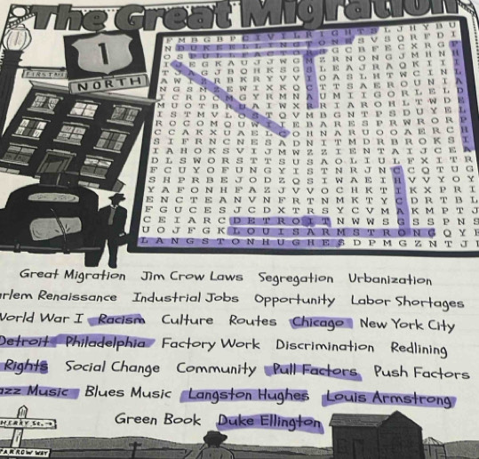 The Great M      
Fm b g b p c i v i l R tg h t s l J h y bu
оS P р Ι п F a c  о Ra G C R  F E с X R G P
1 I J Ε G кa u J J w G ν z r N o ν G J M Η Ν H
ToaGJboн к S G B L e a jr ao ki ii
NO R T H A W Τ R R  B к R Y ν  ν Τ Ο A SL Η т W CΙ N L
Ν g Sν 2 Ε WΙ х Κ ο CT Τ SΑ Ε RουΝΙ A
t cRd omgy r m n aum  tgor l E l d
I S T M V l o S T o V m β G N T P  S D U Y E L
ROCOMOUWTEBARES PRWRORP
C CA к X U A Ε L ◎о н Ν A RU O Ο A Ε R C B
S I F R N CN Ε S  A D N Ι  T MD R B  R O Κ S Ι
I AHΟк S VΙ J м W z Z I E N TAI J CE ~
D L S W O R S T T SU S  A O L I U L F X Ι T R
F C U Y o F U Ν G υ I S T N R J Ν ◎ C Q T U G
S Η PR BΕ J○ D Ζο S Ι W AΕ Ι Η ν ν YΟ Y
Y A F Ο Ν Η F A Z J V V Ο C H Κ Τ Ι Κ X P R I
E N C T E A Ν V Ν F R T N M Κ T Y C DR T B L
F G U C E S J C D X T R S Y C V M A Κ M P T J
C Ε Ι A R C DΕ T RO Ι T N W W S G S S P N S
UοJF G кLοUΙ SARM STRONGΟYP
L AN G S T O N H U G HEβ D P M G Z N T J ì
Great Migration Jim Crow Laws Segregation Urbanization
arlem Renaissance ' Industrial Jobs ' Opportunity ' Labor Shortages
World War I  Racism Culture Routes Chicago New York City
Detroit Philadelphia Factory Work Discrimination Redlining
Rights Social Change  Community Pull Factors Push Factors
azz Music Blues Music Langston Hughes Louis Armstrong
Green Book Duke Ellington
 
PA R ROW Wat