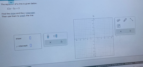 Find the slope and the y-intercept. 
Then use them to graph the line. 
slope:  □ /□   □  □ /□   × 5
× 5
y-intercept: