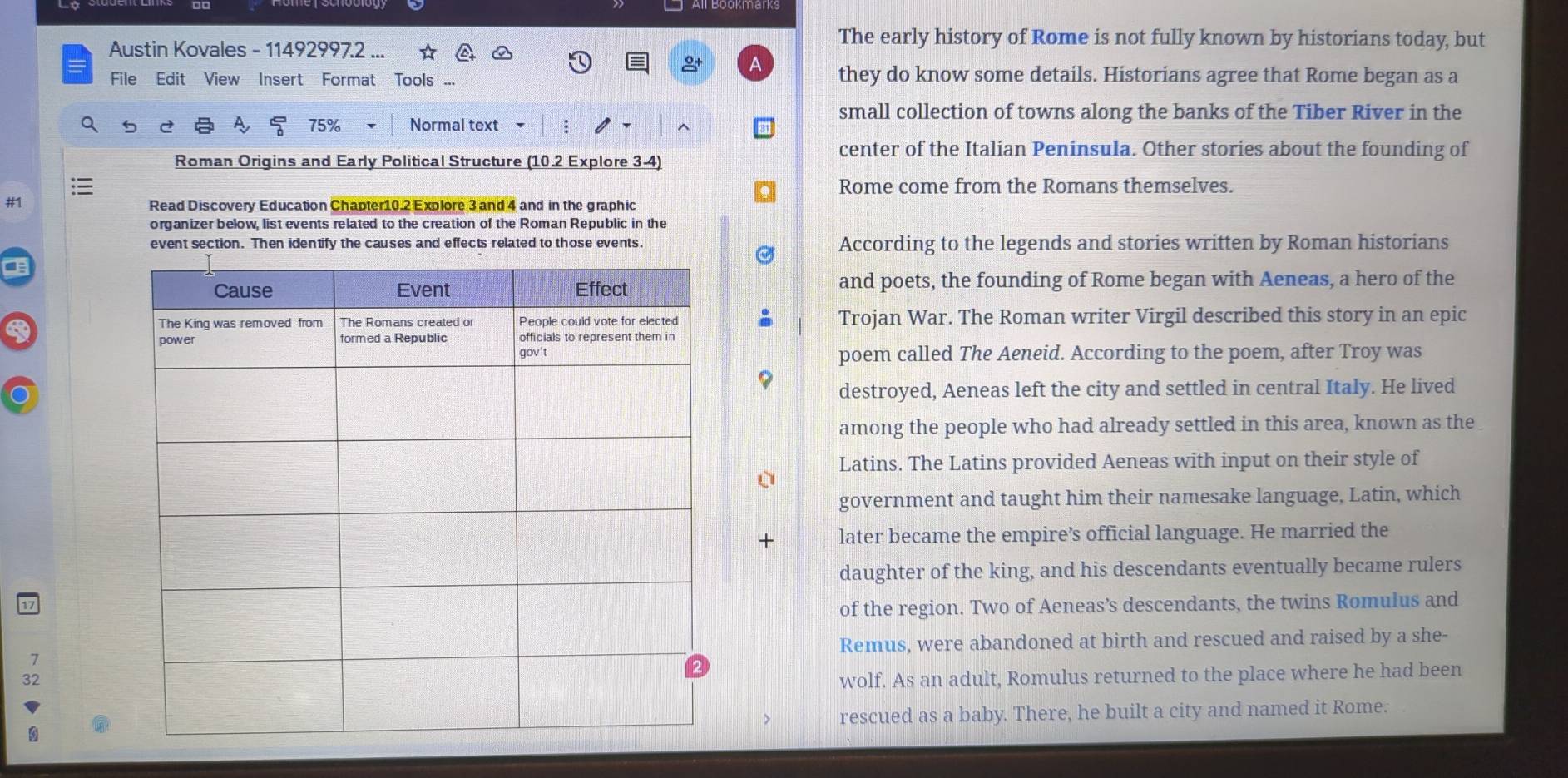 The early history of Rome is not fully known by historians today, but 
Austin Kovales - 11492997.2 ... 
File Edit View Insert Format Tools ... they do know some details. Historians agree that Rome began as a 
small collection of towns along the banks of the Tiber River in the
75% Normal text : 
center of the Italian Peninsula. Other stories about the founding of 
Roman Origins and Early Political Structure (10.2 Explore 3-4) 
Rome come from the Romans themselves. 
#1 
Read Discovery Education Chapter10.2 Explore 3 and 4 and in the graphic 
organizer below, list events related to the creation of the Roman Republic in the 
event section. Then identify the causes and effects related to those events. According to the legends and stories written by Roman historians 
and poets, the founding of Rome began with Aeneas, a hero of the 
Trojan War. The Roman writer Virgil described this story in an epic 
poem called The Aeneid. According to the poem, after Troy was 
destroyed, Aeneas left the city and settled in central Italy. He lived 
among the people who had already settled in this area, known as the 
Latins. The Latins provided Aeneas with input on their style of 
government and taught him their namesake language, Latin, which 
later became the empire’s official language. He married the 
daughter of the king, and his descendants eventually became rulers 
of the region. Two of Aeneas’s descendants, the twins Romulus and 
7Remus, were abandoned at birth and rescued and raised by a she-
32
wolf. As an adult, Romulus returned to the place where he had been 
rescued as a baby. There, he built a city and named it Rome.