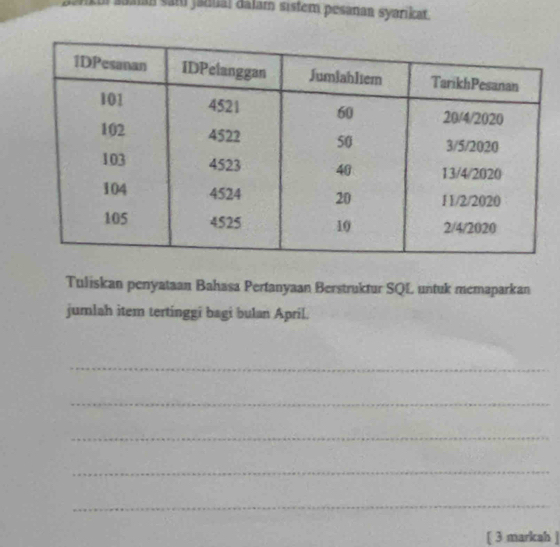 zankoi saaá sam jaduaï dalam sistem pesanan syarikat. 
Tuliskan penyataan Bahasa Pertanyaan Berstruktur SQL untuk memaparkan 
jumlah item tertinggi bagi bulan April. 
_ 
_ 
_ 
_ 
_ 
[ 3 markah ]