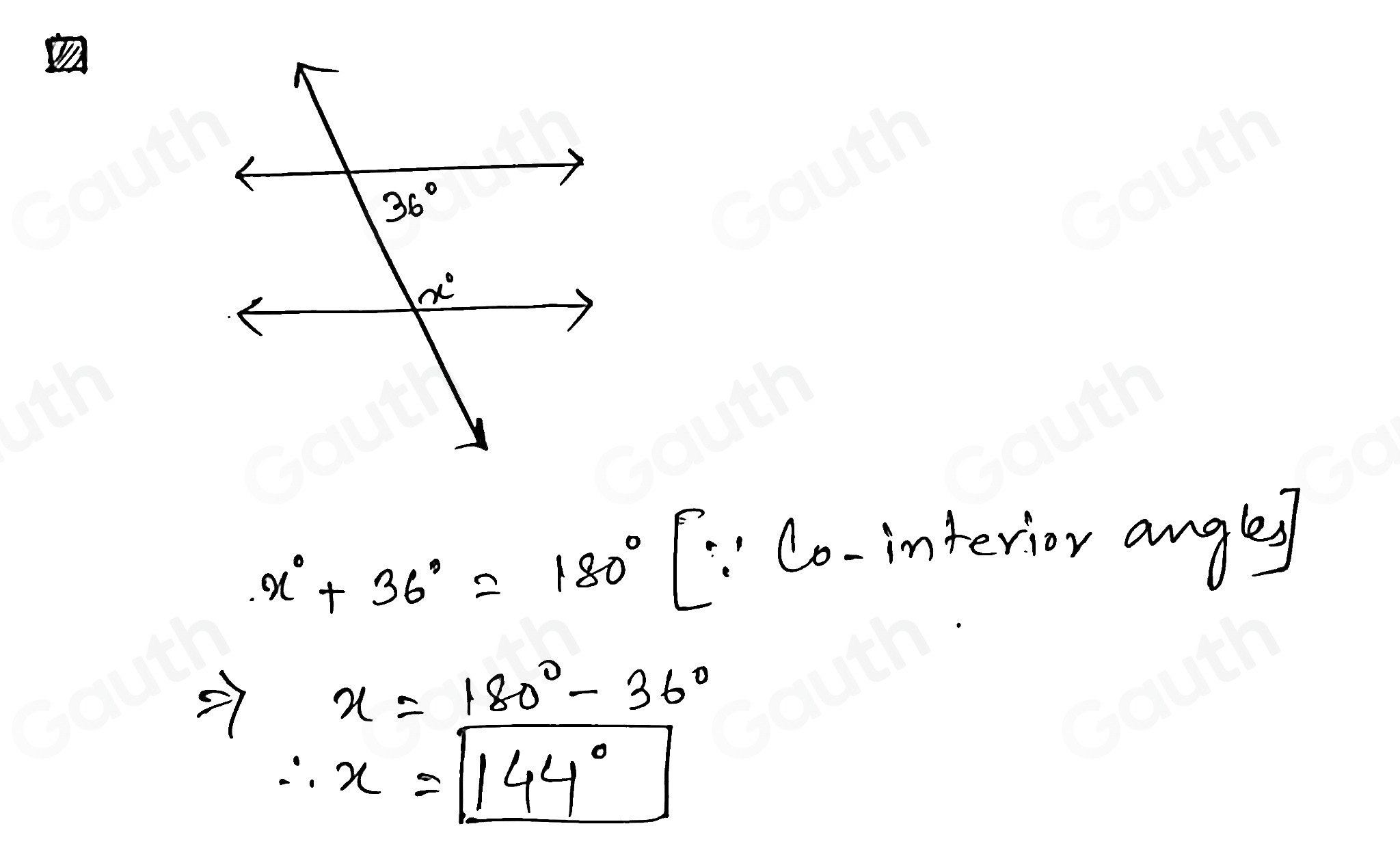 x°+36°=180° C. Co-interior angly
x=180°-36°
∴ x=144°