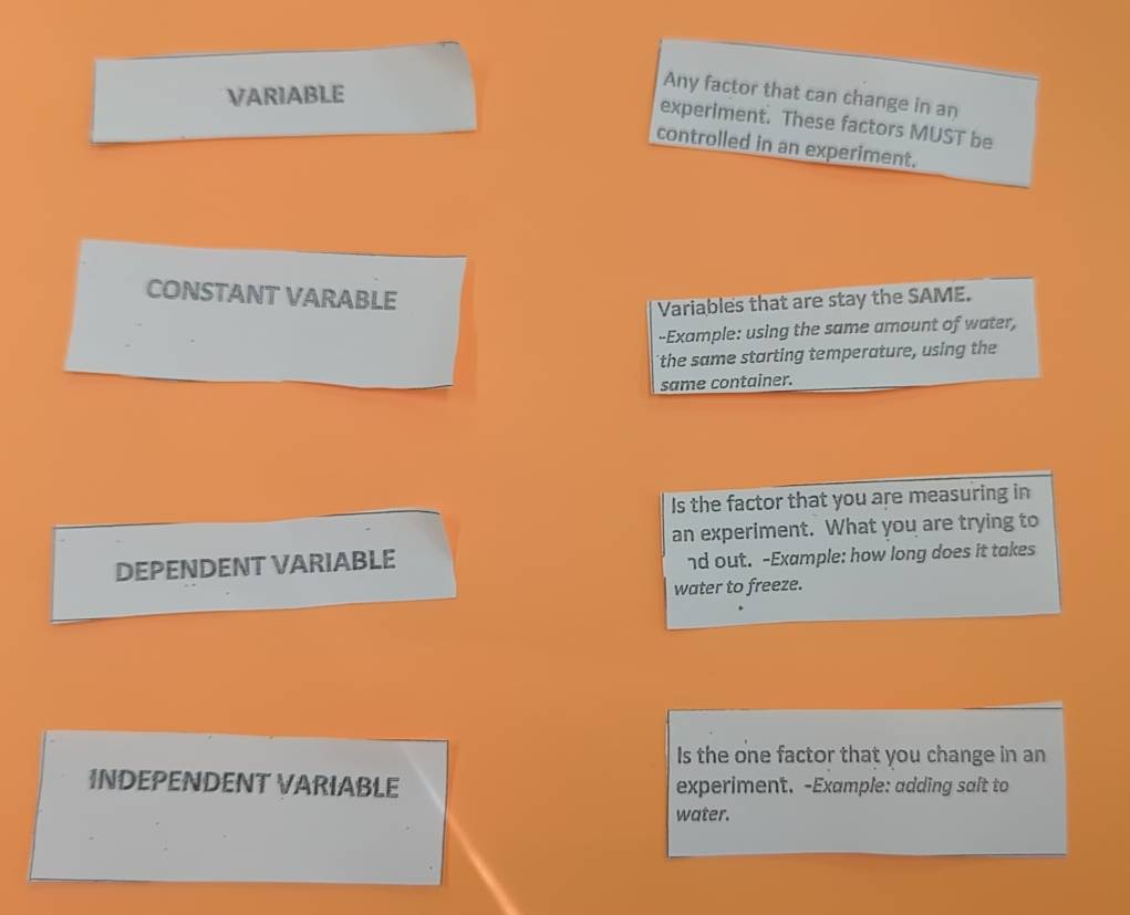 VARIABLE 
Any factor that can change in an 
experiment. These factors MUST be 
controlled in an experiment. 
CONSTANT VARABLE 
Variables that are stay the SAME. 
-Example: using the same amount of water, 
the same starting temperature, using the 
same container. 
Is the factor that you are measuring in 
an experiment. What you are trying to 
DEPENDENT VARIABLE 
nd out. -Example: how long does it takes 
water to freeze. 
Is the one factor that you change in an 
INDEPENDENT VARIABLE experiment. -Example: adding salt to 
water.