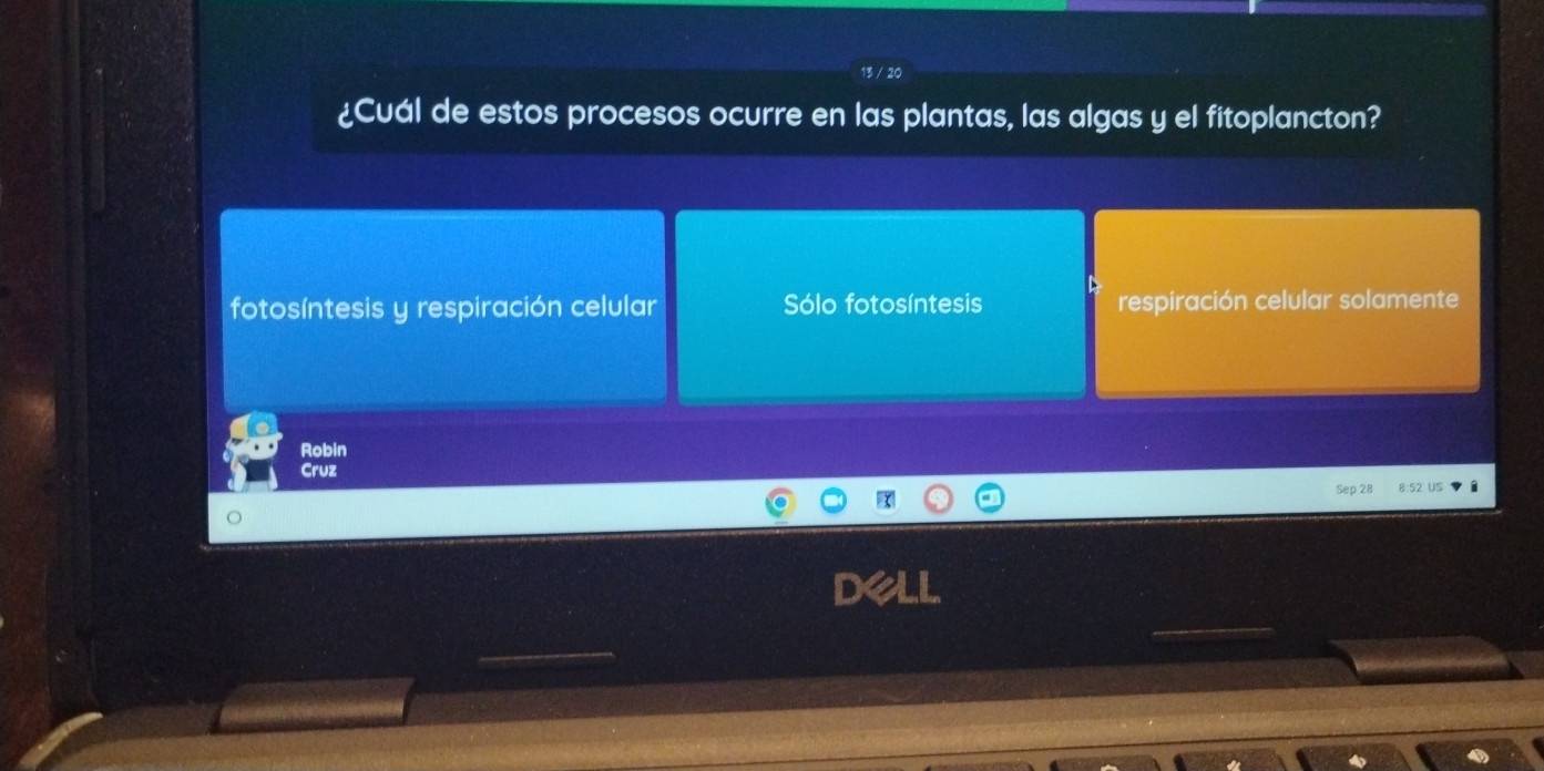 ¿Cuál de estos procesos ocurre en las plantas, las algas y el fitoplancton?
fotosíntesis y respiración celular Sólo fotosíntesis respiración celular solamente
Robin
Cruz
ρ 28