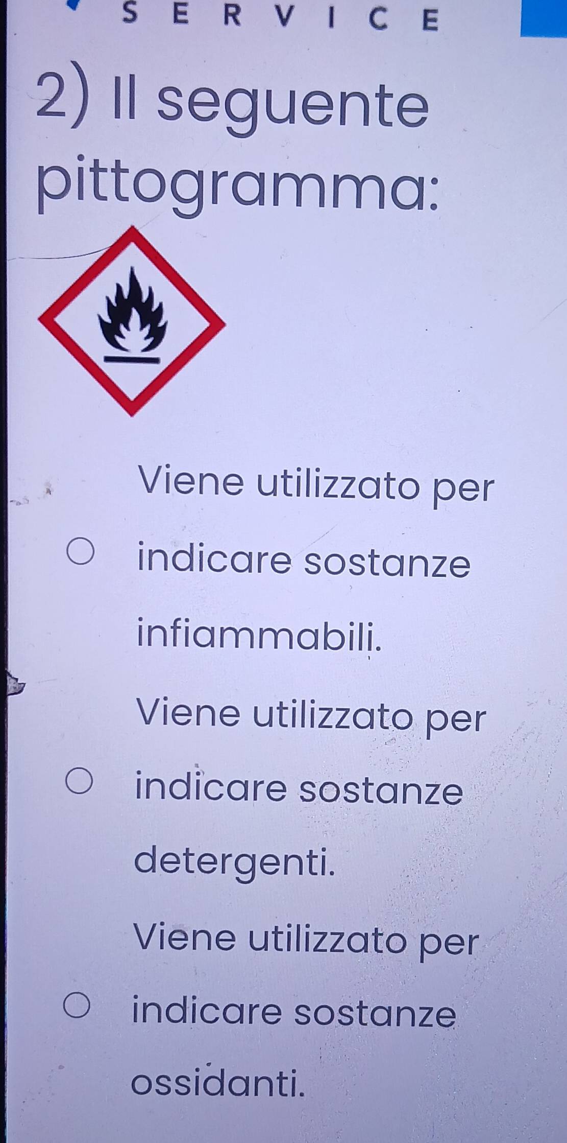 Ⅱ seguente
pittogramma:
Viene utilizzato per
indicare sostanze
infiammabili.
Viene utilizzato per
indicare sostanze
detergenti.
Viene utilizzato per
indicare sostanze
ossidanti.